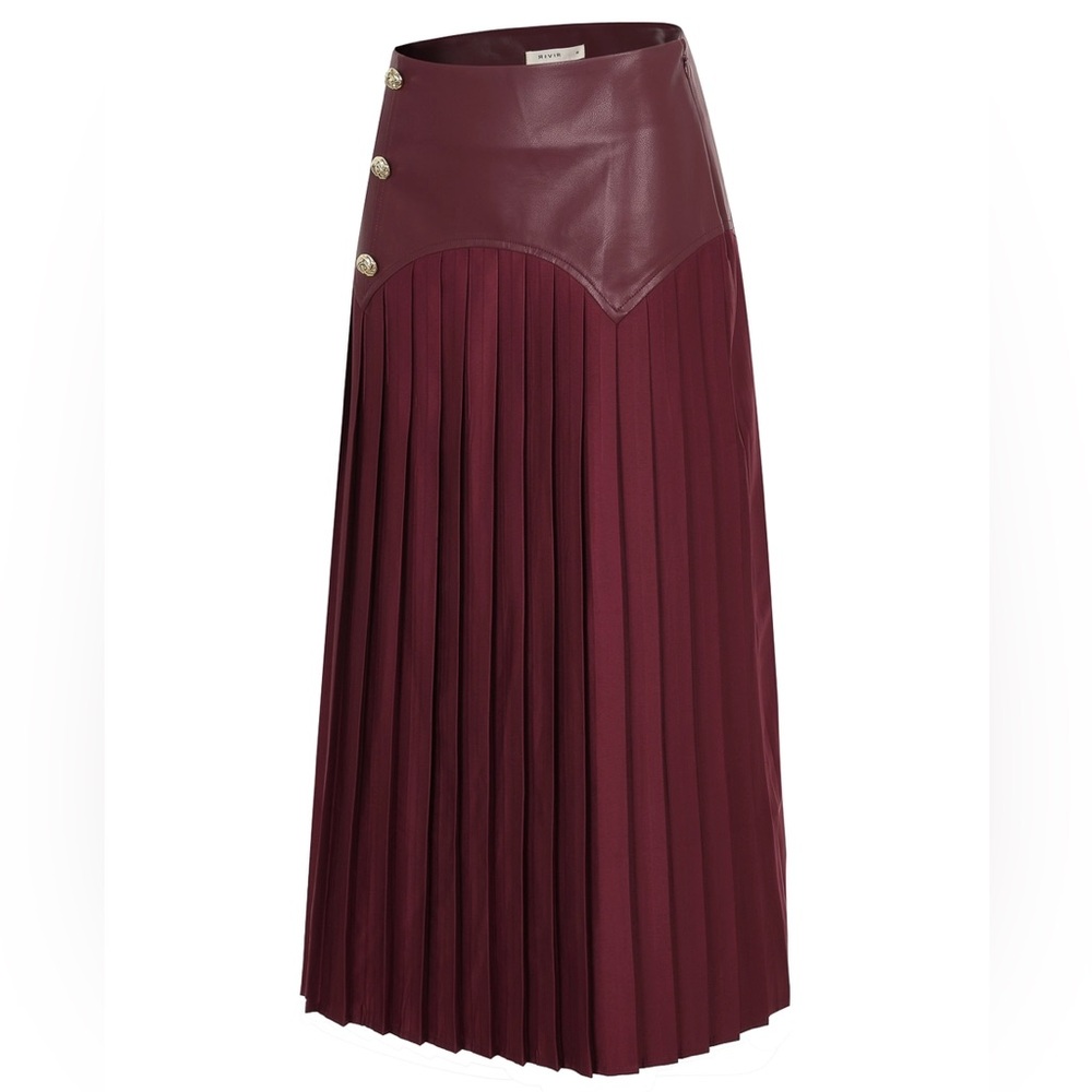 Faux Leather Pleated Elegant Burgundy Pleated Midi Skirt - Picture 5 of 7